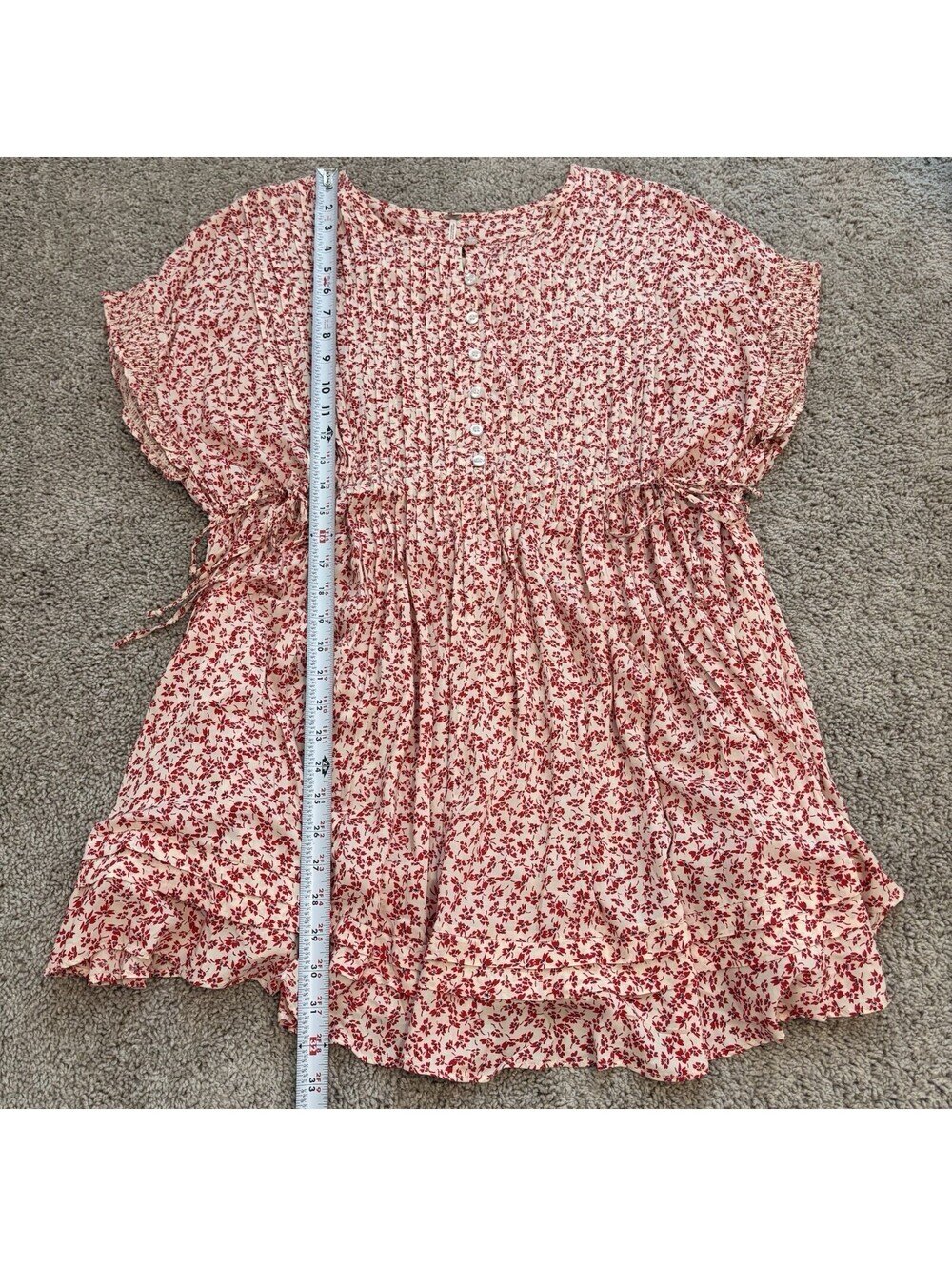 FREE PEOPLE Size S One Fine Day Oversized Mini Dress Cream Red Ditsy Floral - Picture 7 of 7